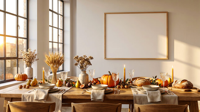 Elegant autumn dining table set for a festive holiday dinner with pumpkins wheat stalks rustic bread and candles under a large wooden empty picture frame on a clean white wall.
