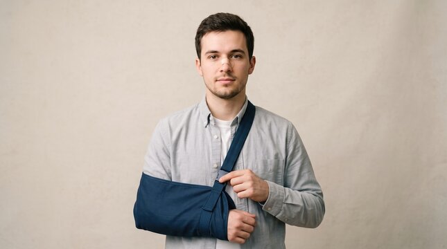Young man with a broken arm in a blue medical sling supporting his injured limb fracture orthopedic accident