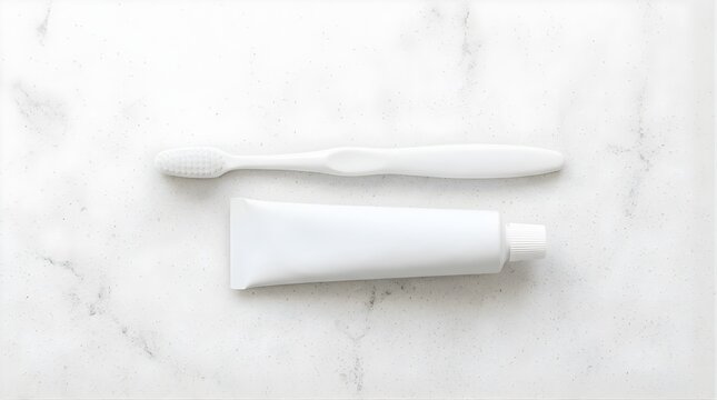 White toothbrush and blank toothpaste tube on white marble surface