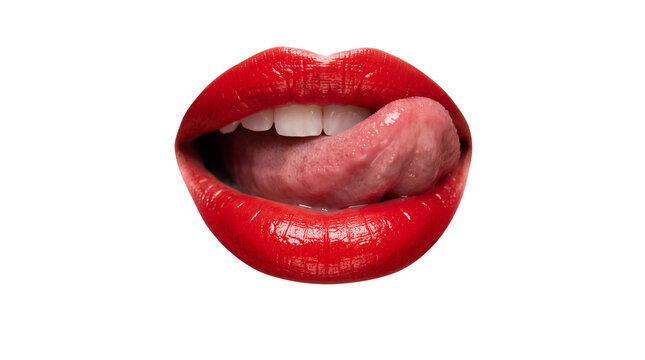 Close up of sexy woman lips with shiny red lipstick licking lips