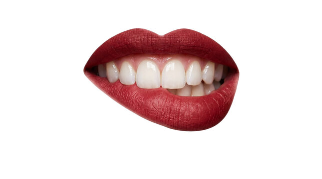 Matte red lips with provocative expression biting down on lip