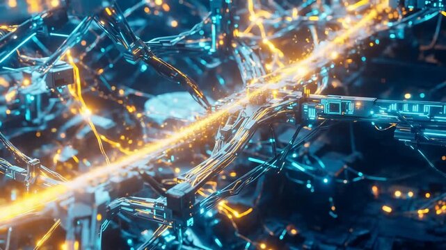 Futuristic network of glowing mechanical structures with dynamic energy flows