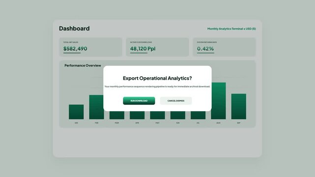Operational analytics data export dialog modal window on flat design dashboard background