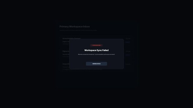 User interface overlay animation showing a simulated dark-themed primary workspace inbox connection timeout error with a system response workspace sync failed modal popup on a solid background.