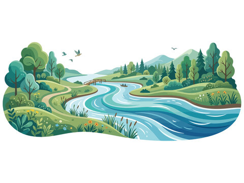 River Vector Flowing Nature Landscape Vector Illustration