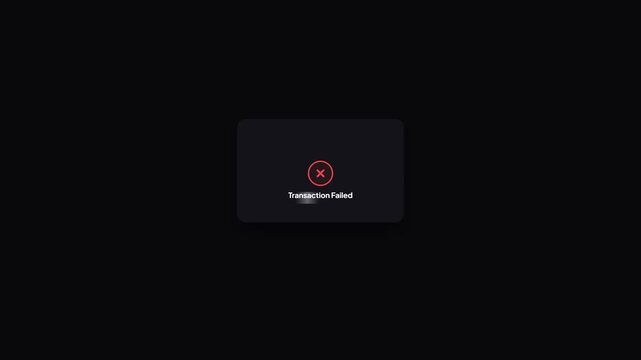 Failed Bill Payment Transaction Error Notification Animation. Dark mode financial check-out interface graphic showing a VIP fitness bill processing and presenting a red cross transaction failed alert.