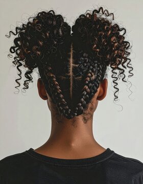 A close-up rear view of a person with intricate braided hair styled into two curly puffs, showcasing detailed cornrows and natural texture.