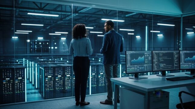 Data engineers in server room. IT specialists monitoring cloud network. Team
