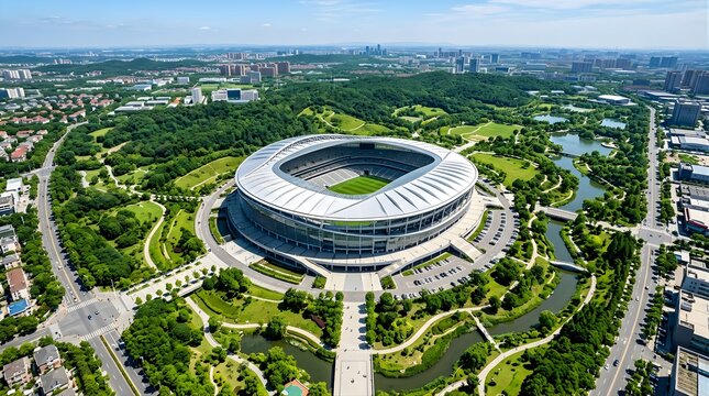 Aerial view of a modern circular stadium surrounded by lush green parks