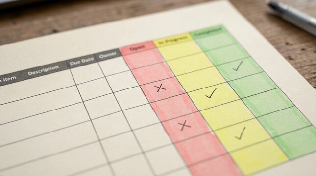 Corrective action tracker sheet with status columns highlighted in three colours close up &ndash; Medical Records Compliance & Healthcare Documentation Stock Photo