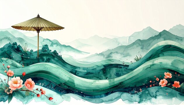 Minimal Japanese watercolor illustration with emerald green waves and a bamboo parasol