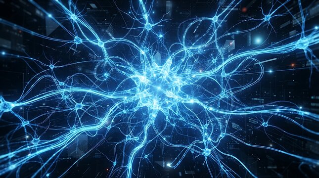 Neural network connections visualized in a futuristic digital illustration with glowing blue lines and nodes.