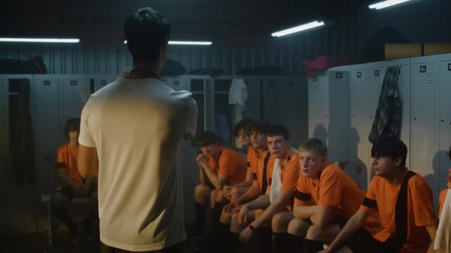 Professional Football Coach Using Data on Modern Digital Tablet While Briefing Youth Team in Locker Room. Modern Technology into Traditional Sports Mentorship. Data driven Coaching, Digital Tactics.