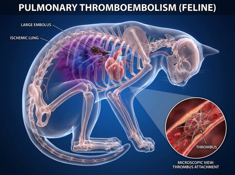 Feline Pulmonary Thromboembolism Medical Illustration Showing Cat Anatomy with Heart and Lung Blood Clot