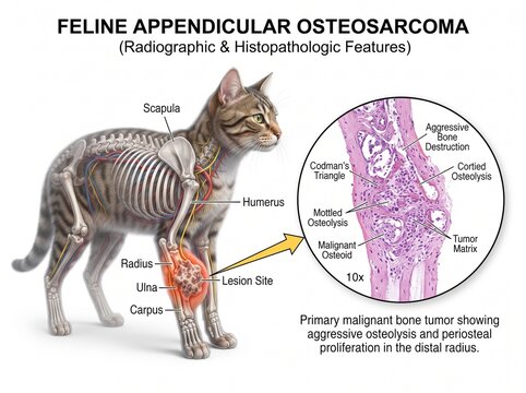 Feline Appendicular Osteosarcoma Medical Diagram showing Cat Bone Cancer and Histopathology Features