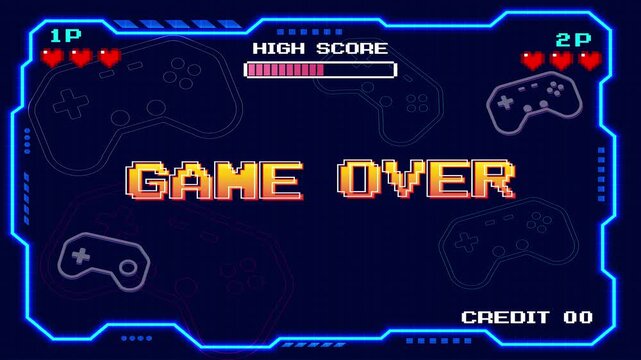 GAME OVER arcade game screen features a retro 8-bit pixelated style, complete with blue grid interface, health bar, high score bar, and keystroke text. It's perfectly suited for classic retro game U