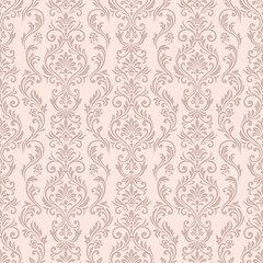 Fototapeta premium Romantic rose gold damask pattern featuring elegant damask floral ornament in stripe style, perfect for pastel wallpaper background and wedding rose gold damask fabric design.