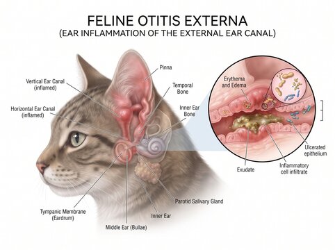 Medical Illustration of Feline Otitis Externa Showing Cat Ear Anatomy and Inflammation