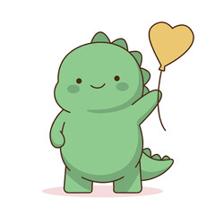 Naklejka premium Chibi green dinosaur holding yellow heart shaped balloon cute kawaii line art character white background love celebration sticker