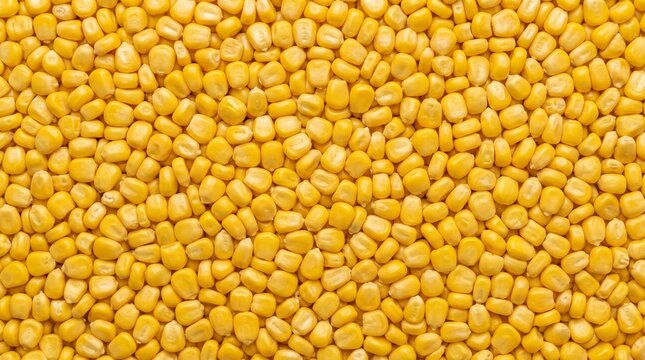 Close-up of golden yellow corn kernels in bulk. Macro texture of whole maize grains for food industry. Natural organic cereal ingredient background.