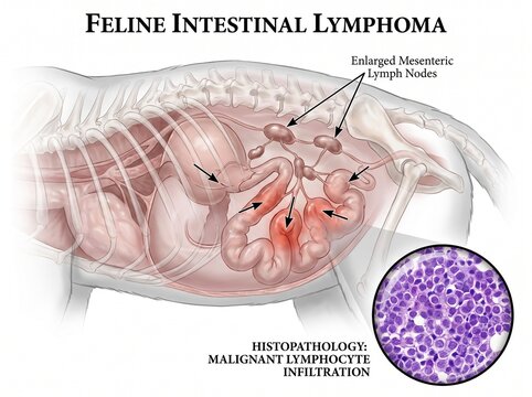 Medical Illustration of Feline Intestinal Lymphoma with Histopathology Inset