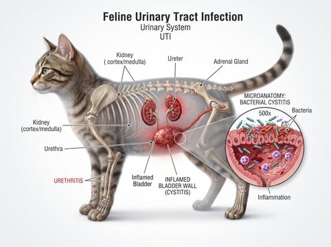 Feline Urinary Tract Infection UTI Anatomy Diagram of Cat Urinary System and Bacterial Cystitis