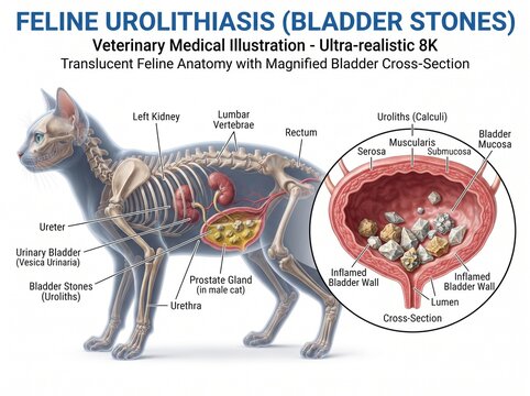 Feline Urolithiasis Medical Illustration showing Bladder Stones in Cat Anatomy with Magnified Cross-Section