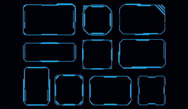 Set of blue futuristic digital HUD frames for sci-fi user interface design elements isolated.