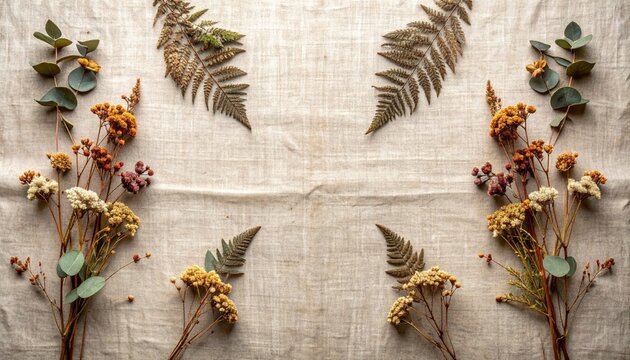 Rustic Dried Flower Arrangement with Ferns on Linen Background.