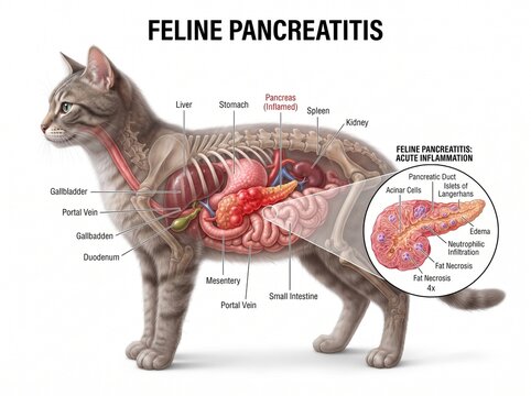 Feline Pancreatitis Medical Illustration with Detailed Cat Anatomy and Organ Labels