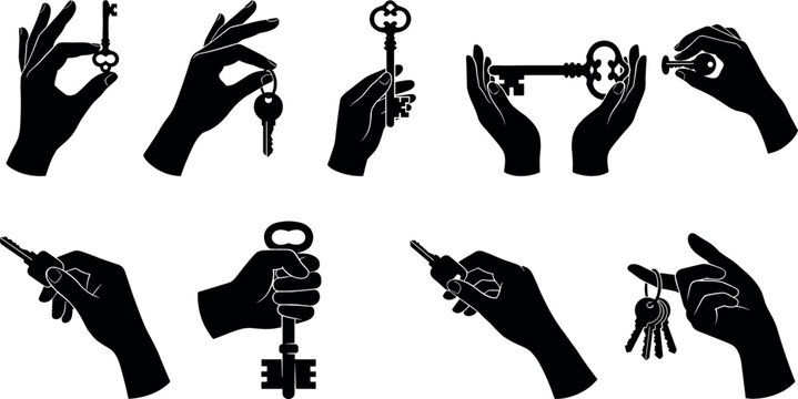 Hands holding keys silhouette vector icons set featuring vintage skeleton keys car ignition keys keychain ring gestures and lock symbols