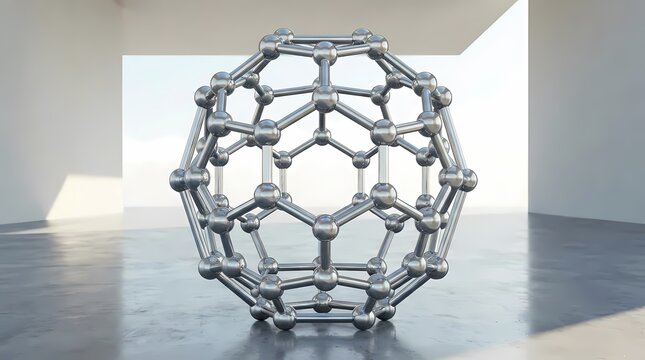 Metallic carbon molecular structure displayed in modern gallery.