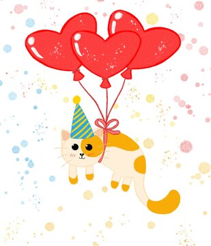 Celebrating birthday cat that hanging on the three red big love ballons with party ornament