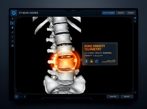 Medical ct scan showing human spine bone density and disc health warning