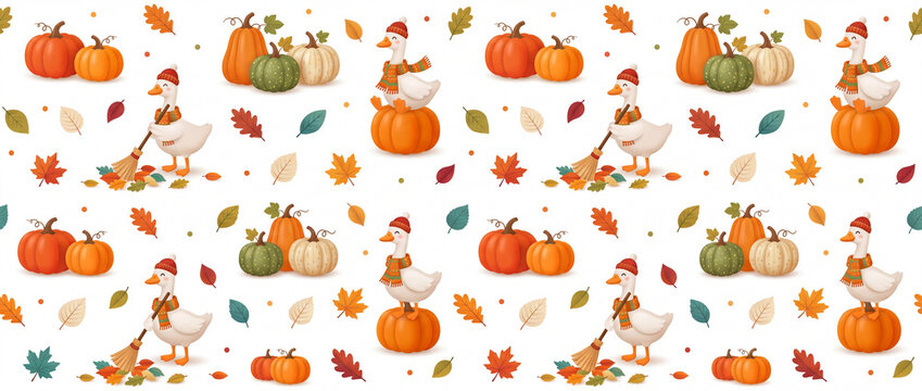 Seamless autumn pattern with pumpkins, mushrooms, leaves and forest plants on a white background. Harvest season botanical design for fabric, wrapping paper and home decor