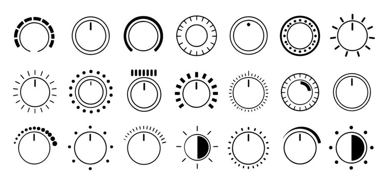 Audio control dials and volume knobs vector set, black and white electronic tuner interface outlines collection, audio, control, dial, knob, volume, tuner
