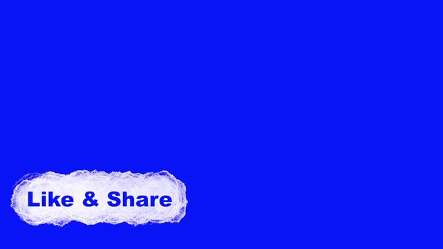 Like and Share text notification graphic with textured white banner pop-up on blue screen