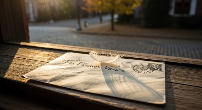 Hand-addressed envelope with glass paperweight on wooden windowsill.