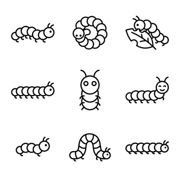 Set of cute caterpillar line icons on a flat style