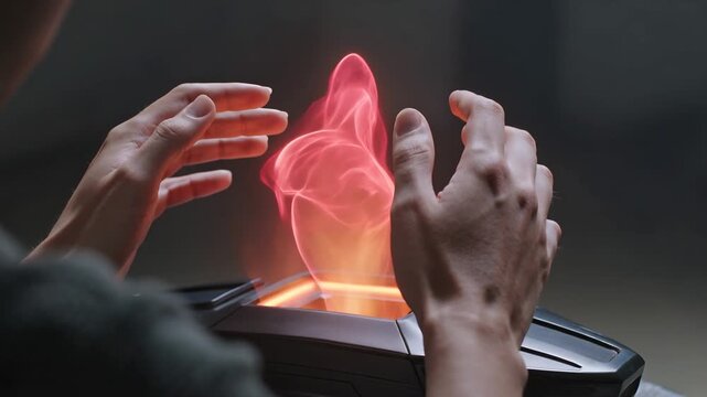 Close up of hands interacting with a glowing futuristic holographic projection from a device in a dark setting.