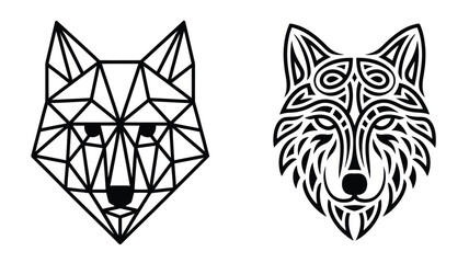Vector set of two wolf head icons in geometric low poly and ornamental tribal line art styles on white background. © REBEKA