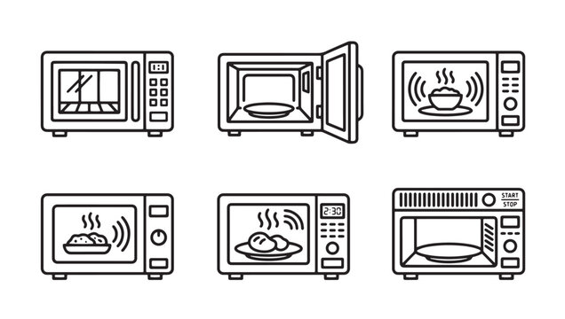 Collection of modern microwave ovens vector illustrations with microwave appliance electronic household technology equipment breakfast preparation illustration collection electrical