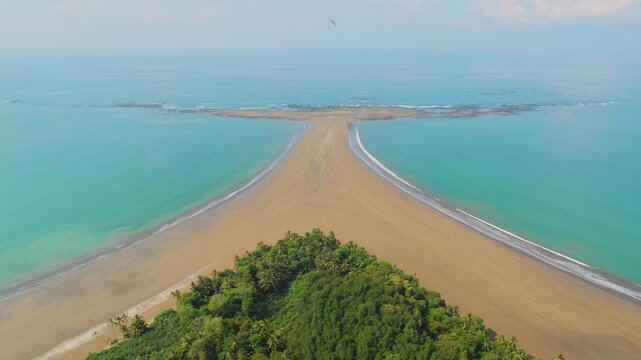 Wide aerial view of the iconic Whale Tail sand spit in Uvita Marino Ballena National Park Costa Rica