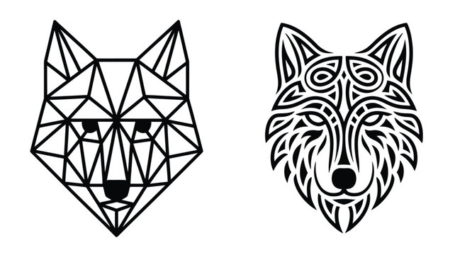 Vector set of two wolf head icons in geometric low poly and ornamental tribal line art styles on white background.