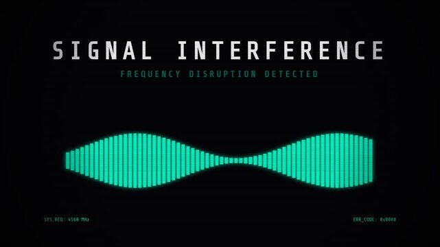 Dynamic audio waveform visualization with signal interference and error codes on a digital screen, representing data disruption, system failure, and technological breakdown