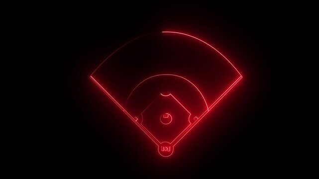 Red color Neon Baseball field icon animation on black background, futuristic digital icon video of a high-tech baseball field .4k motion graphics video.