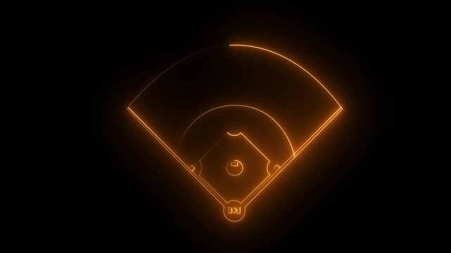 Orange color Neon Baseball field icon animation on black background, futuristic digital icon video of a high-tech baseball field .4k motion graphics video.