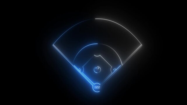 Blue and white color Neon Baseball field icon animation on black background, futuristic digital icon video of a high-tech baseball field .4k motion graphics video.