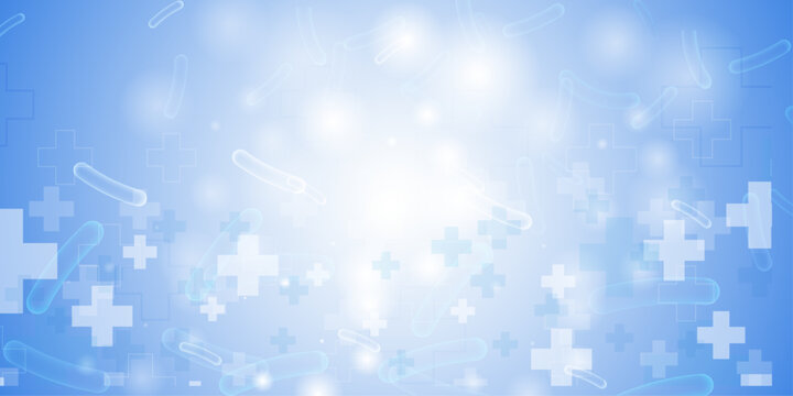 Microscopic view of bacteria and medical crosses on blue background.