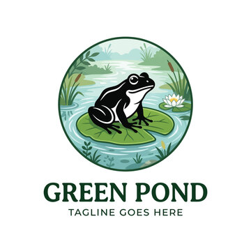 Frog sitting lily pad pond for green pond nature wildlife ecosystem logo design